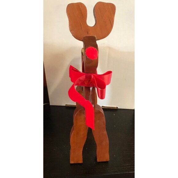 Handcrafted Wooden Reindeer Figurine With Red Bow & Bell 12" - Picture 3 of 6